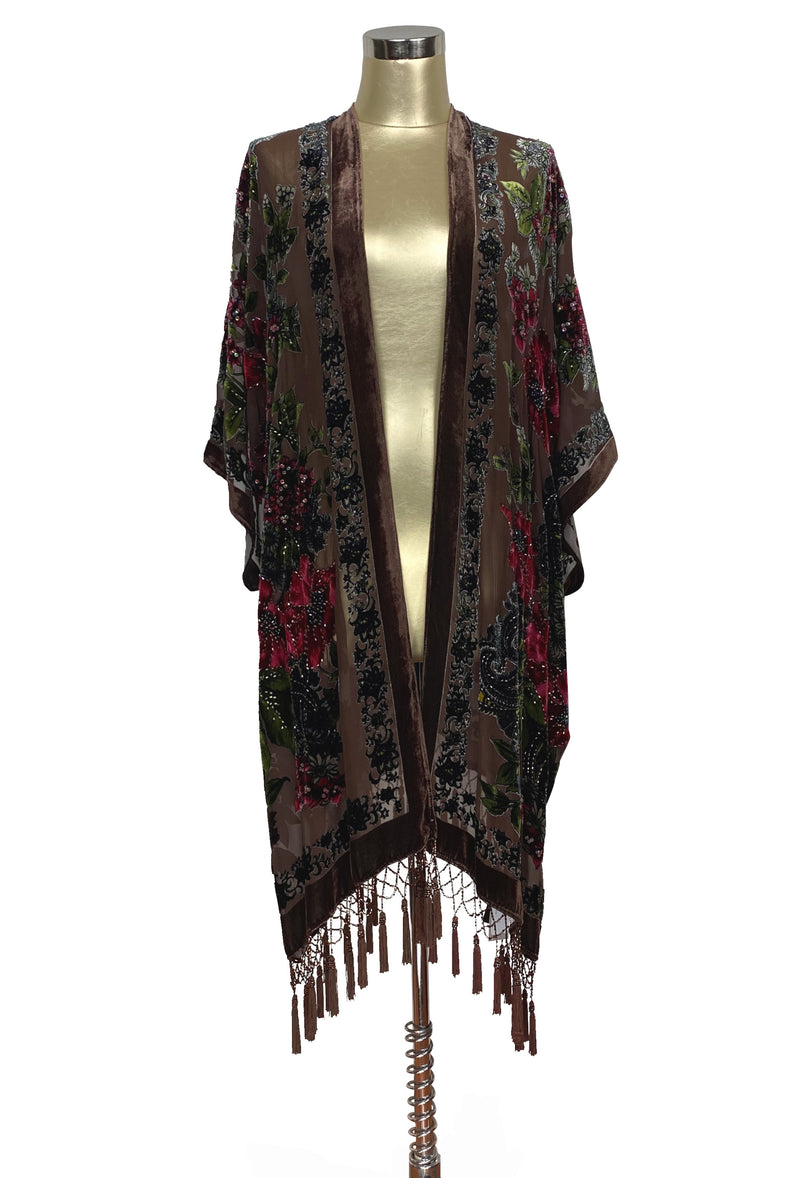 The Victorian Tropical Floral Silk Velvet Beaded Evening Wrap - Mocha Brown