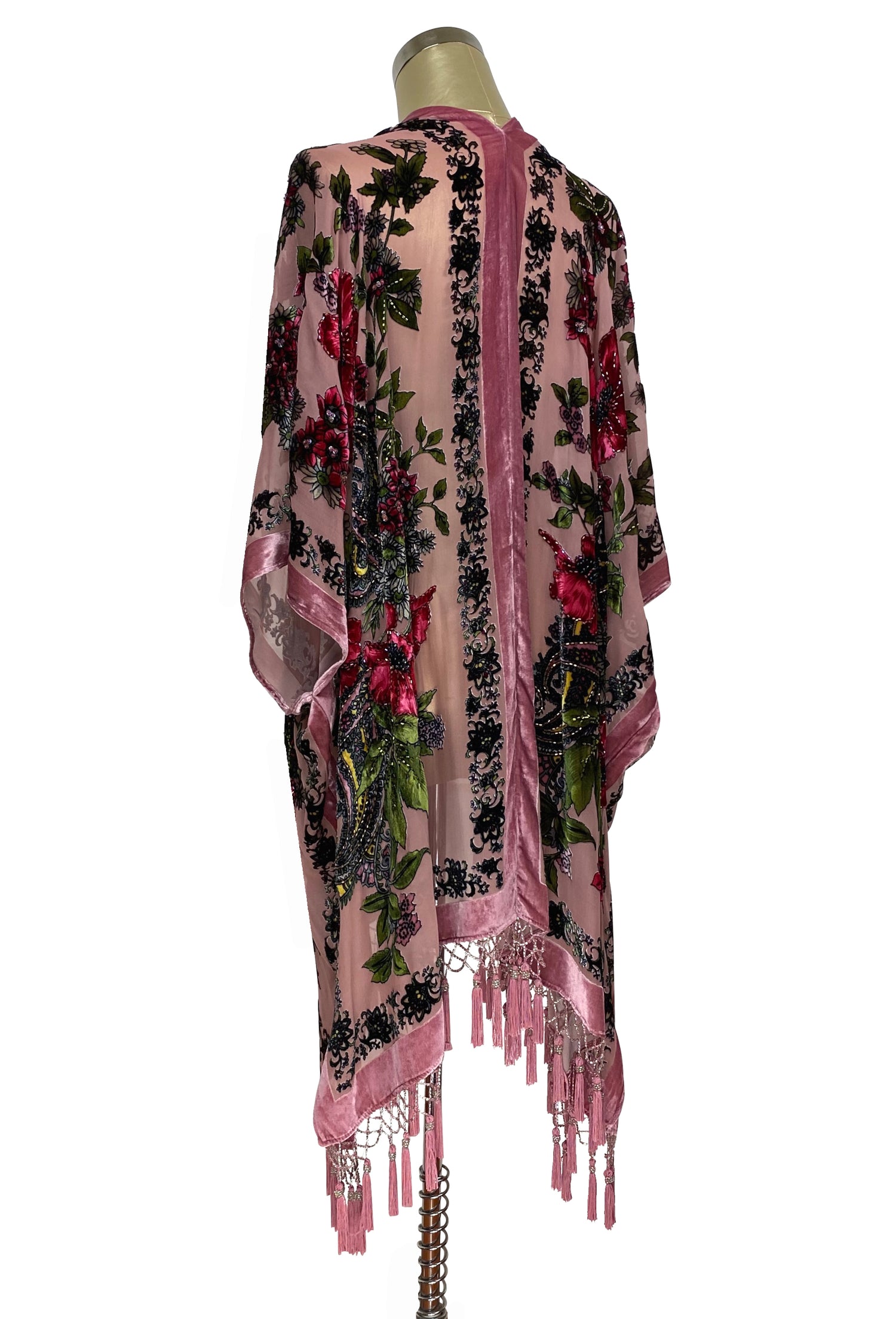 The Victorian Tropical Floral Silk Velvet Beaded Evening Wrap - Rose Pink