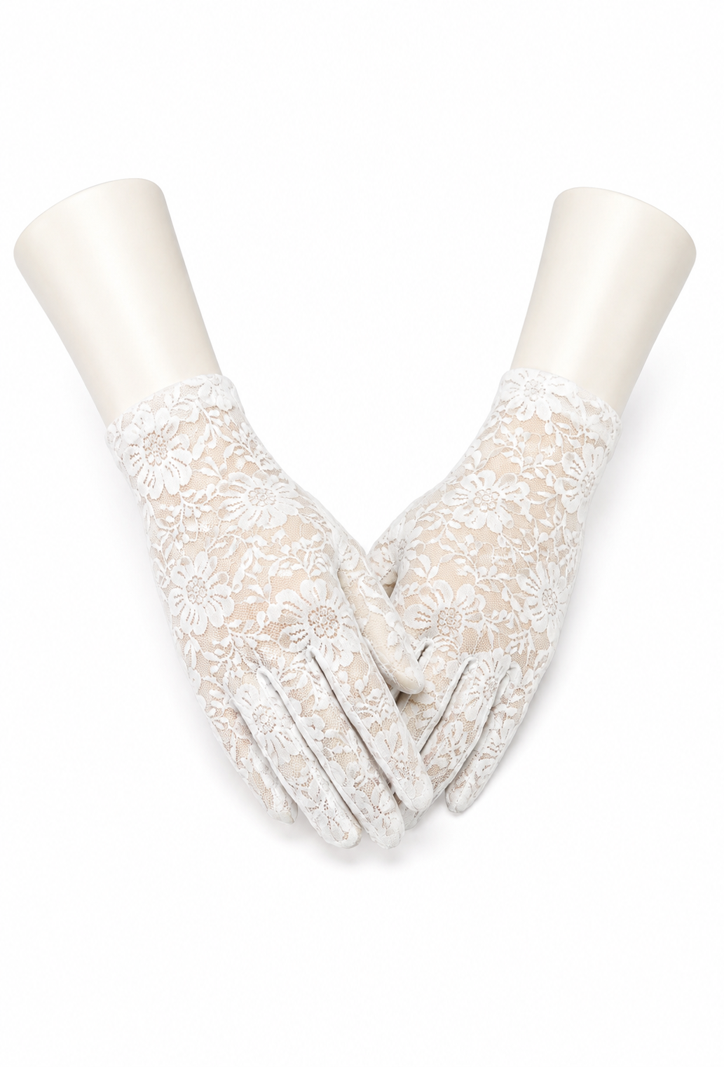 White lace driving gloves with floral embroidery and buttoned cuff