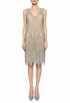 Champagne metallic sleeveless V-neck sequin gown with beaded pattern and fringe hem