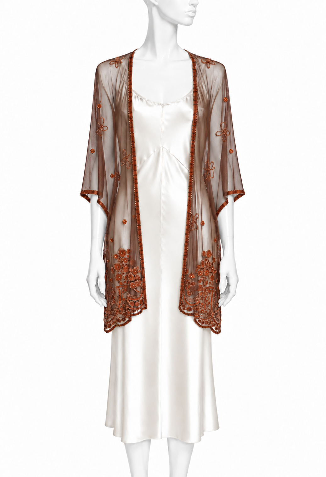 Arabesque mesh wrap in mocha brown with open front and draped short sleeves