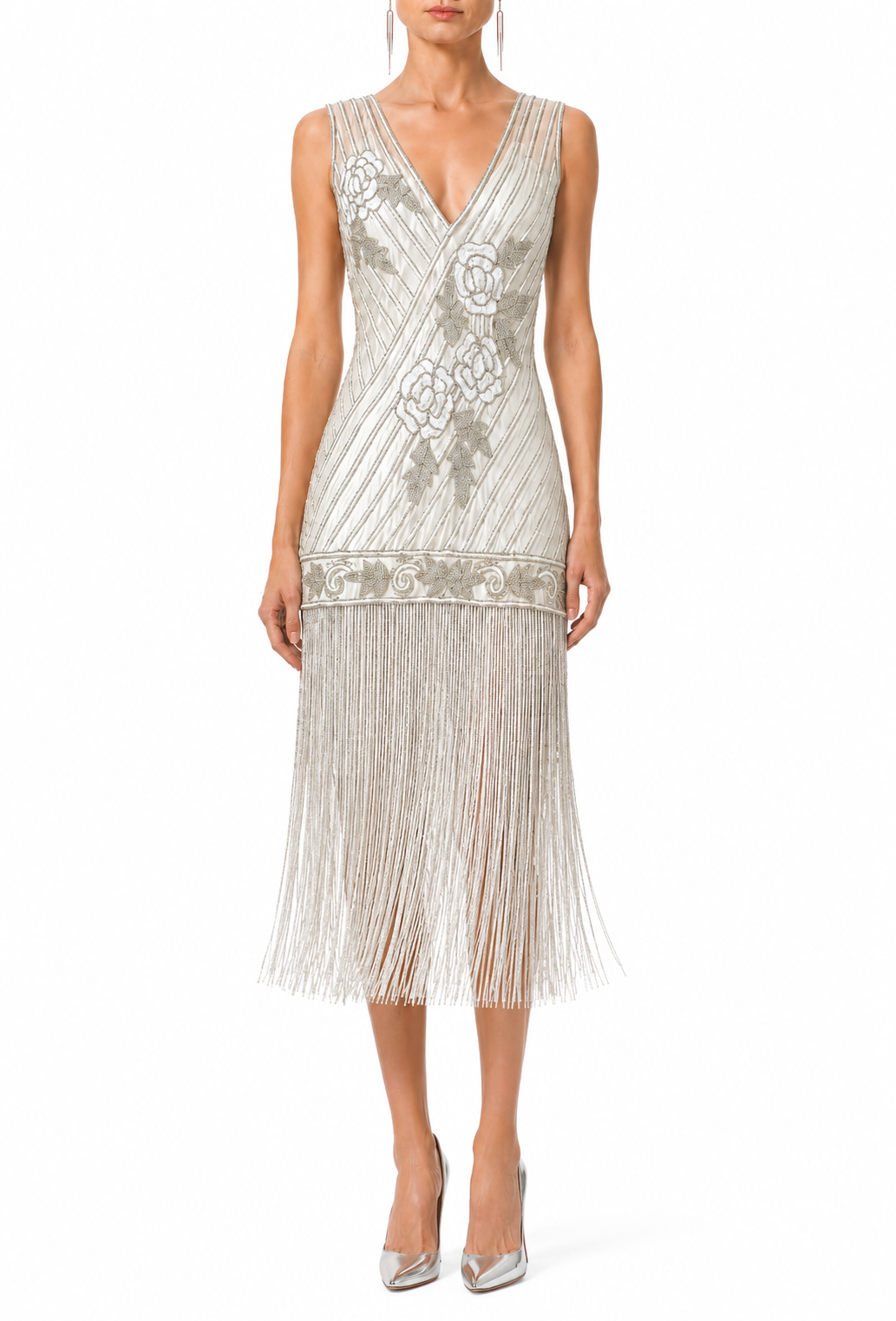 Silver V-neck sleeveless gown with embroidered bodice and fringe hem