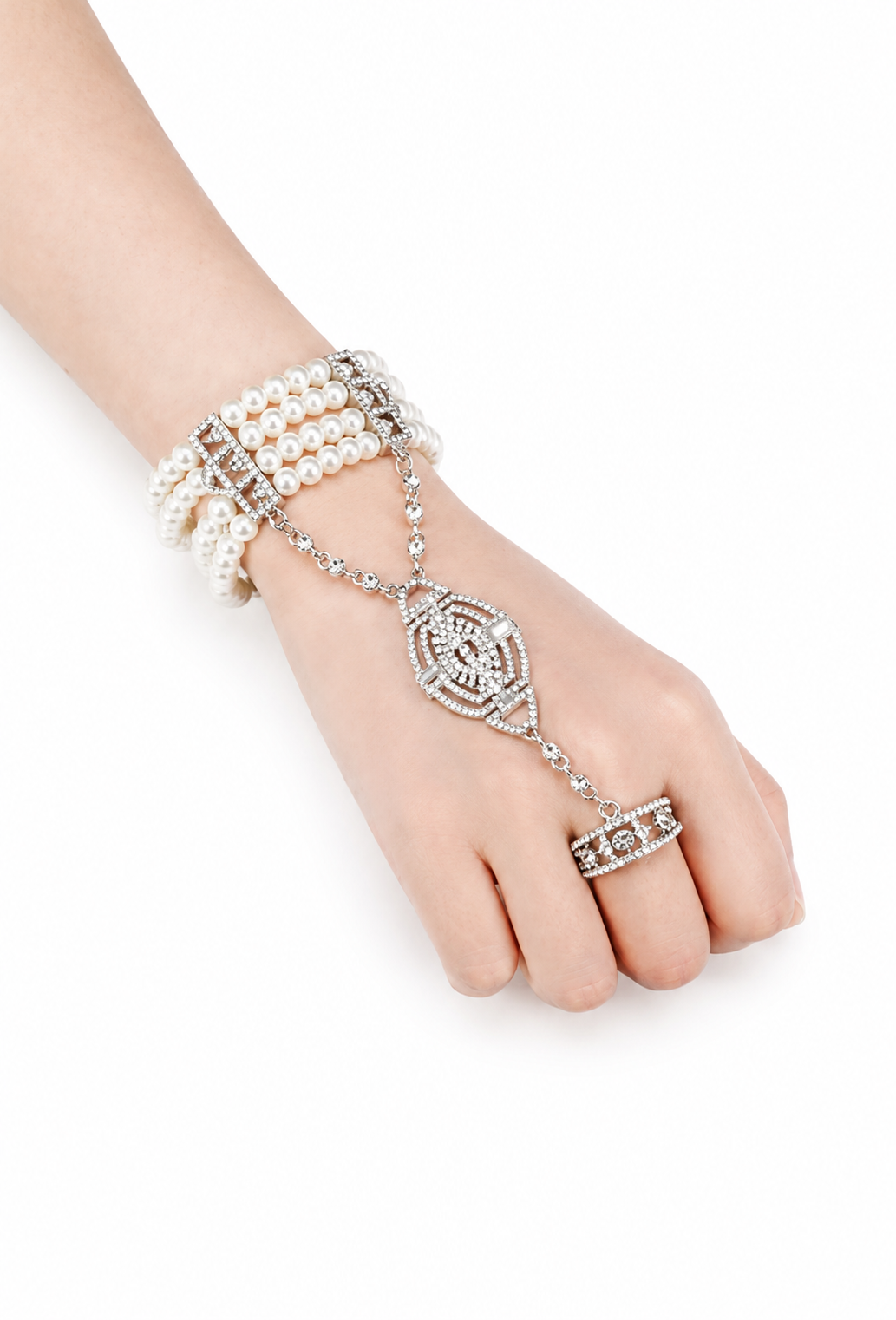 Palladium pearl hand jewel with stacked bead wraps and a dangling crystal charm bracelet