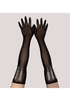 Black vintage-style opera-length mesh gloves adorned with vertical micro-rhinestone Art Deco detailing, styled for 1920s-inspired evening wear
