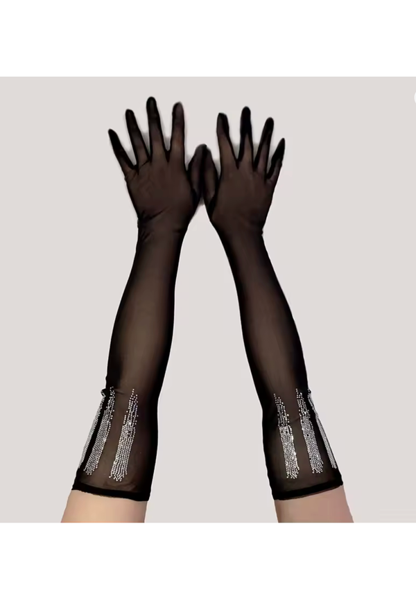 Black vintage-style opera-length mesh gloves adorned with vertical micro-rhinestone Art Deco detailing, styled for 1920s-inspired evening wear