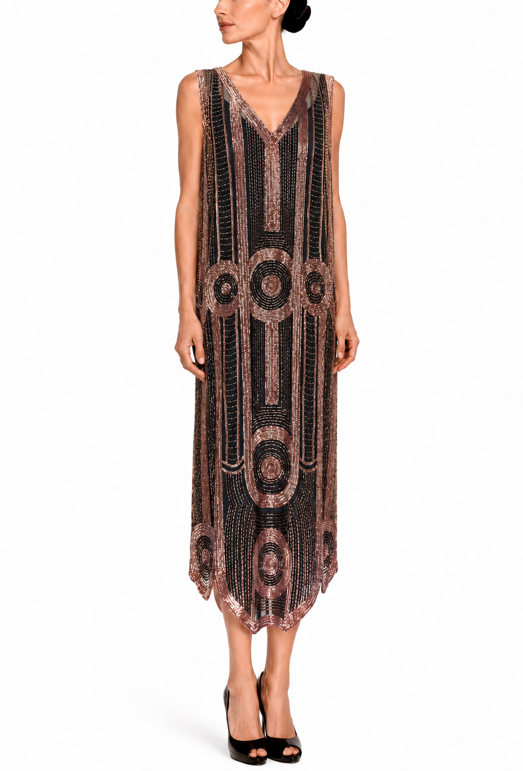 Sleeveless V-neck beaded midi dress in copper and dark tones with scalloped hem