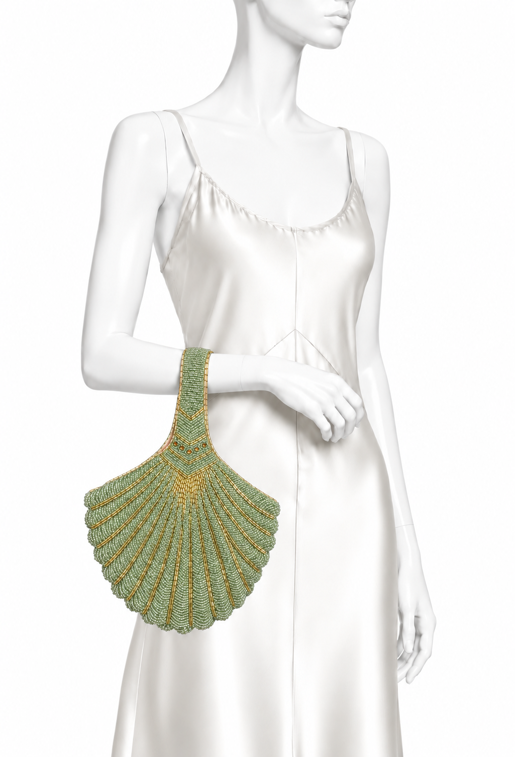 Teal beaded fan-shaped wristlet with short chain handle