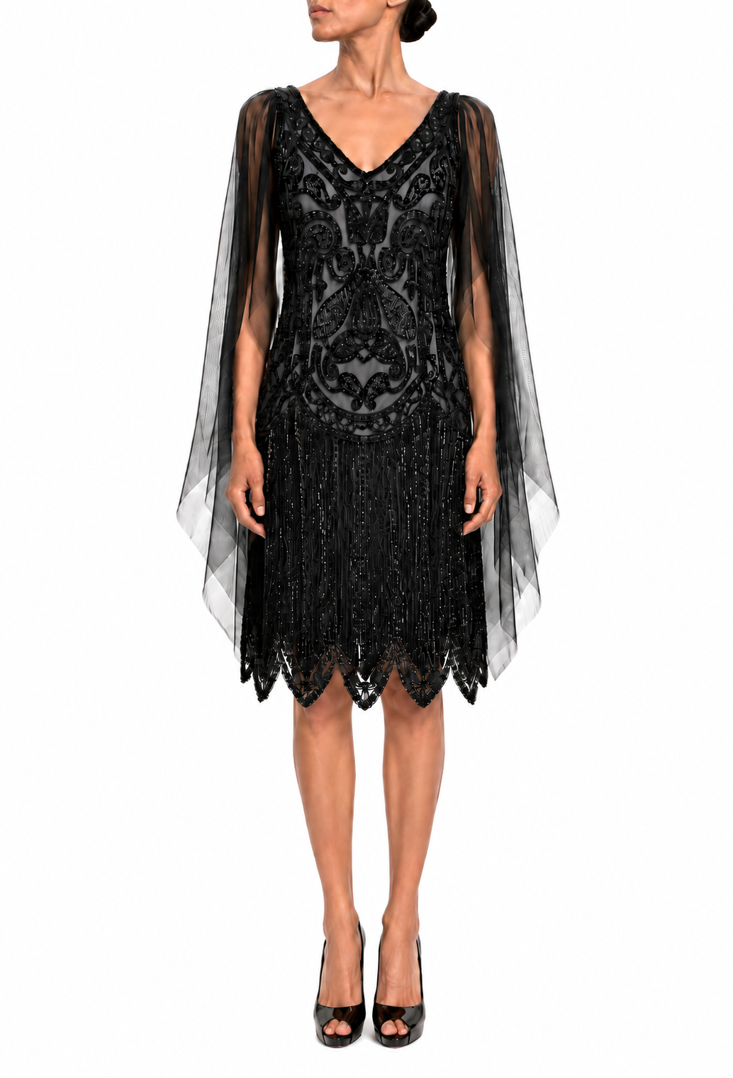 Jet black sequin V-neck dress with sheer cape sleeves and fringe scalloped hem