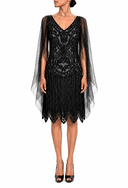 Jet black sequin V-neck dress with sheer cape sleeves and fringe scalloped hem