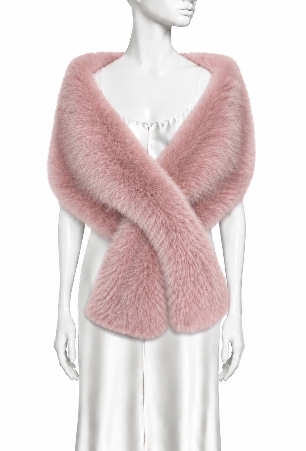 Deco pink faux fur keyhole stole with crossed drape and V neckline