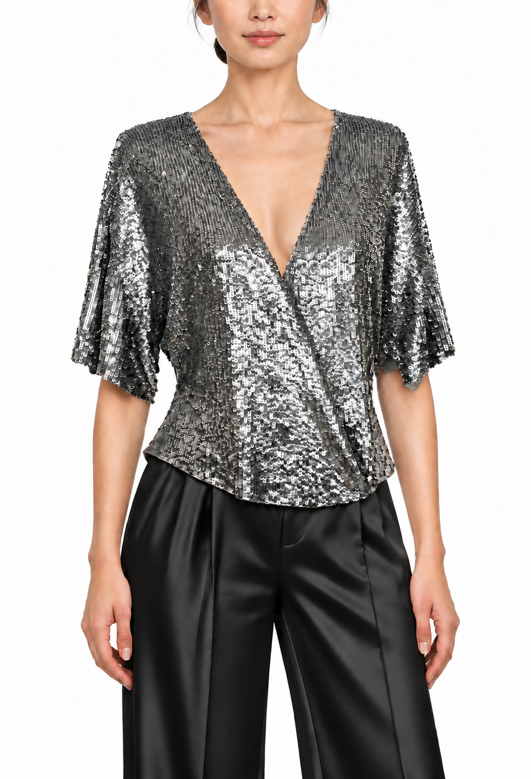 Metallic sequin wrap top with V-neck and short sleeves