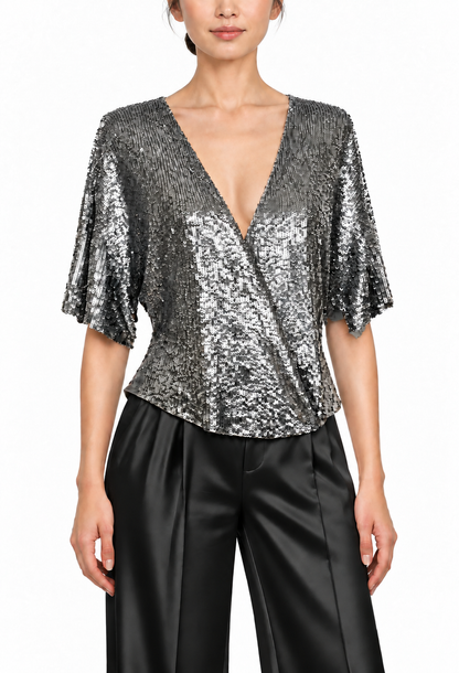 Metallic sequin wrap top with V-neck and short sleeves