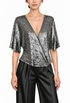 Metallic sequin wrap top with V-neck and short sleeves