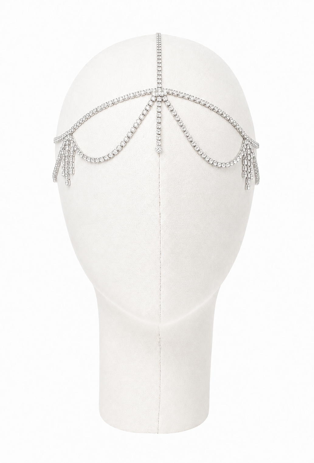 Silver halo headpiece with arched chain, central pendant, and dangling charms
