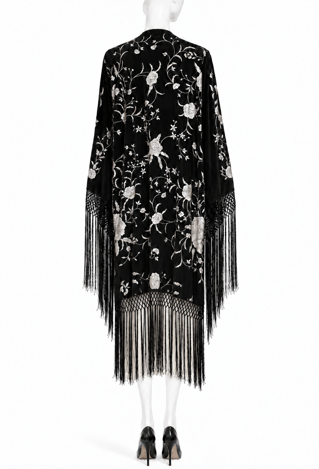 Noir opera kimono with silver floral embroidery and long fringe hem