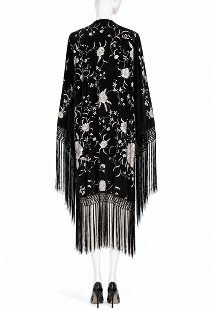 Noir opera kimono with silver floral embroidery and long fringe hem