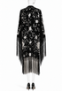 Noir opera kimono with silver floral embroidery and long fringe hem