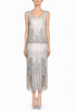 Silver sleeveless sequin fringe midi overlay dress with scalloped hem detail