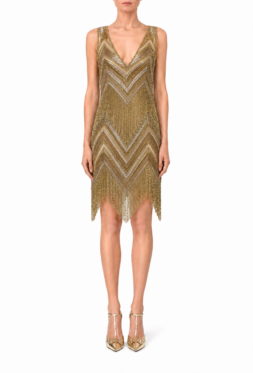 Gold chevron sequin sleeveless mini dress with V-neck and fringe hem
