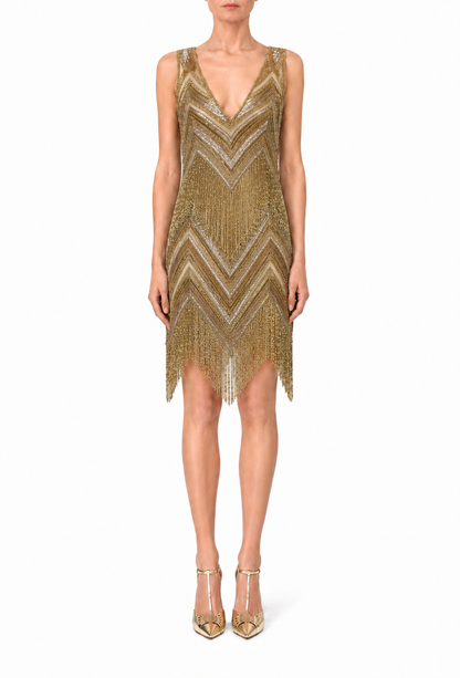 Gold chevron sequin sleeveless mini dress with V-neck and fringe hem