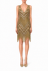 Gold chevron sequin sleeveless mini dress with V-neck and fringe hem