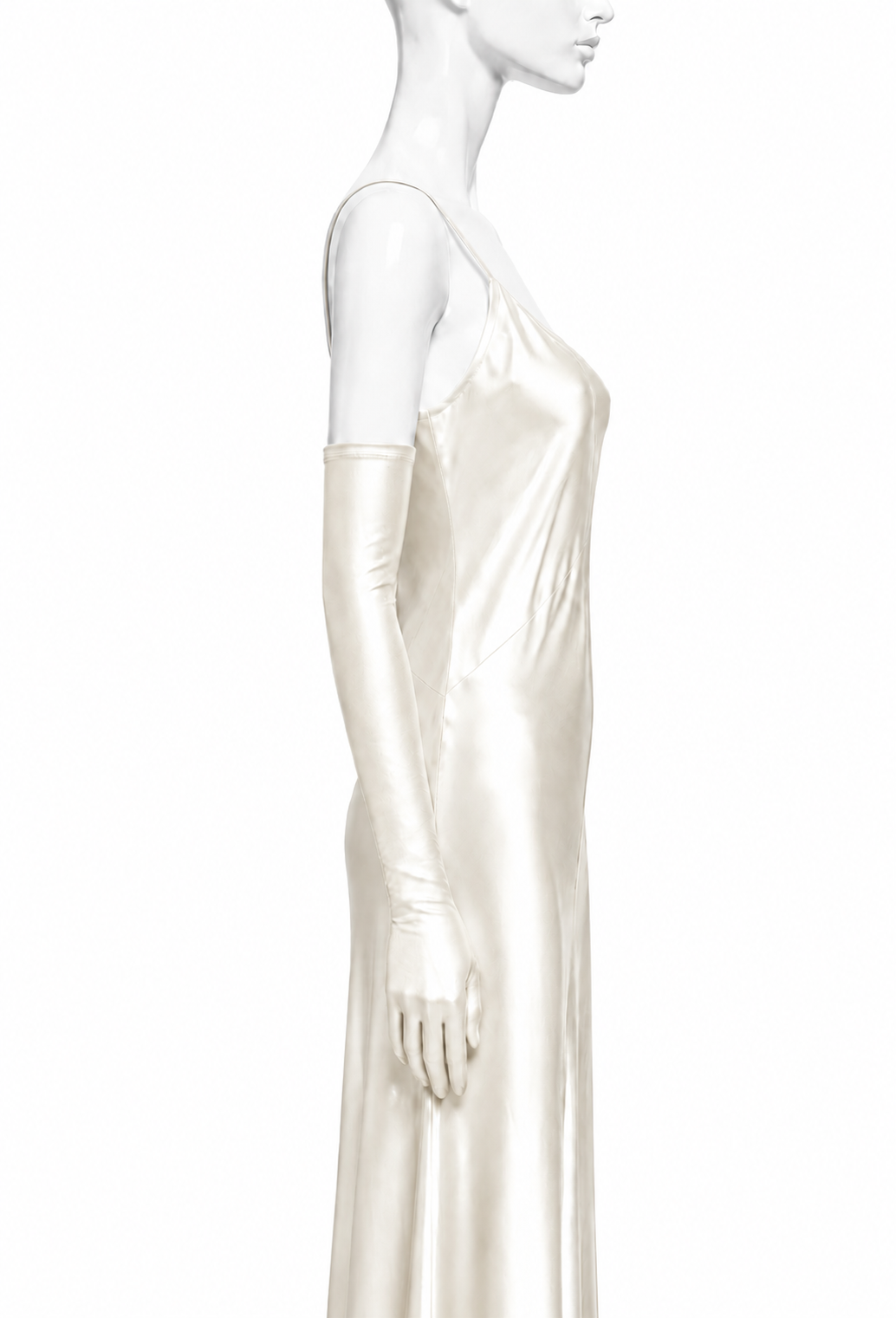 Cream satin opera glove, long length covering the forearm and hand