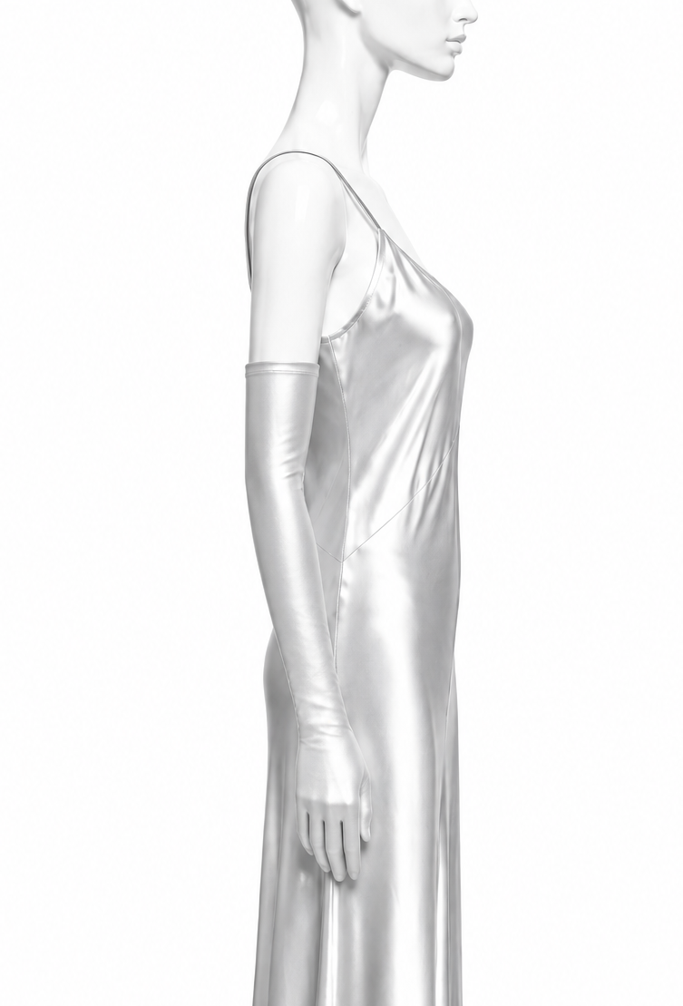 Platinum satin opera glove, glossy long sleeve style with snug cuff