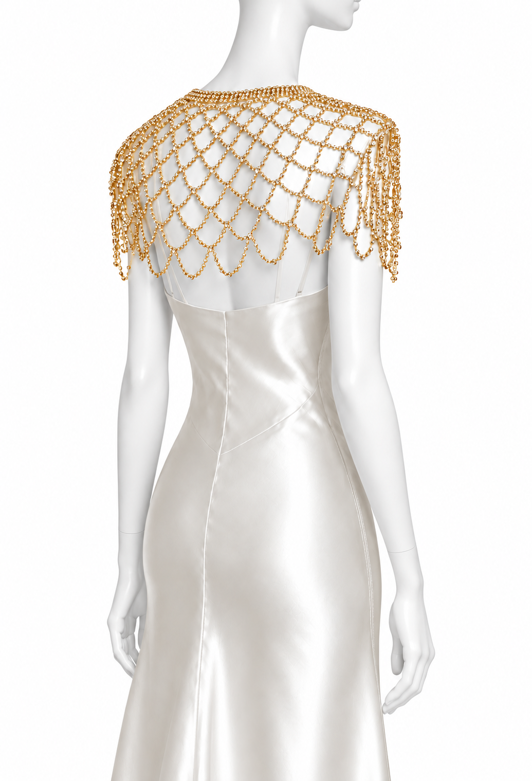 Back view: gold rhinestone scalloped capelet with chain fringe