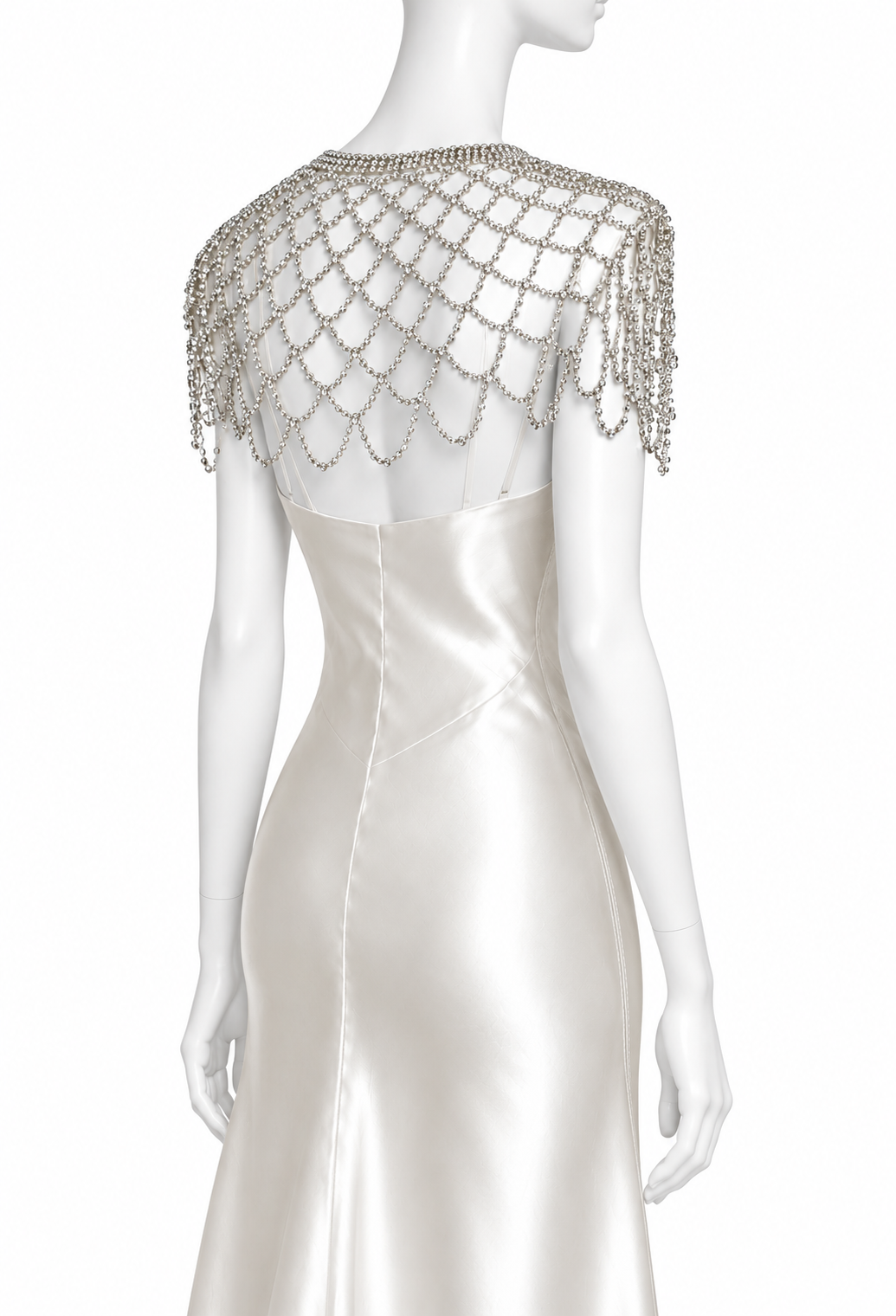 Gunmetal rhinestone capelet, back drape with chain mesh and fringe