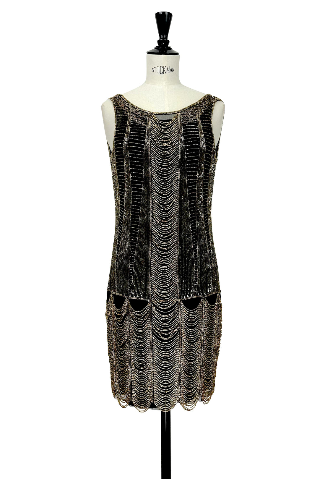Gold-and-black sleeveless beaded shift dress with draped chain fringe