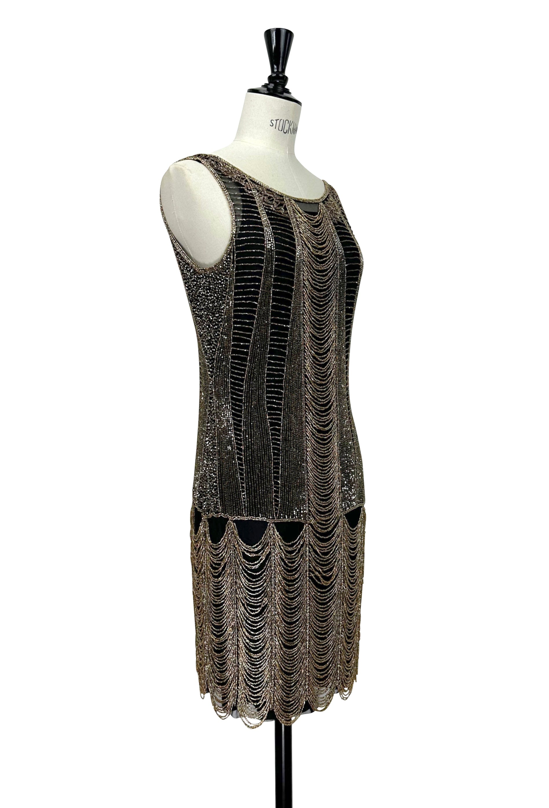 Gold and black sleeveless beaded chain dress with V-neck back detail
