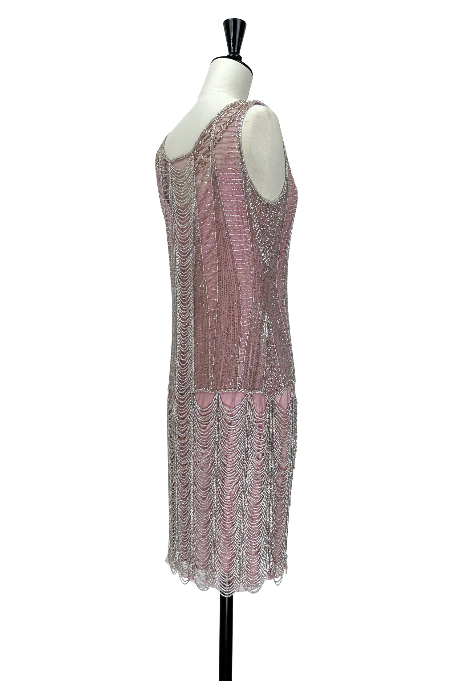 Rose-pink sleeveless beaded mini dress with racerback straps and fringe hem