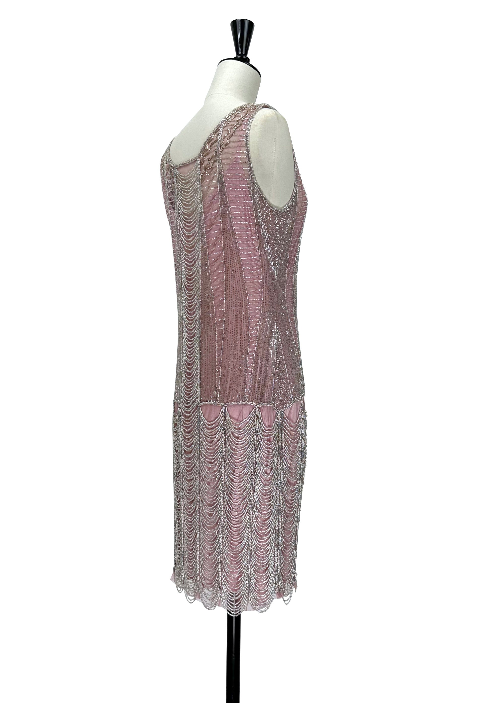Rose-pink sleeveless beaded mini dress with racerback straps and fringe hem