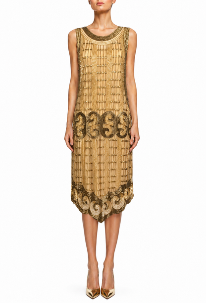 Sleeveless gold beaded midi dress with round neckline and ornate hem