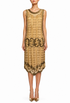 Sleeveless gold beaded midi dress with round neckline and ornate hem