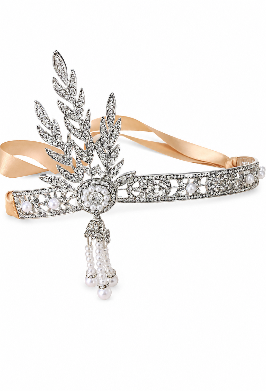 Silver rhinestone tiara with pearl strand trim and central daisy-like floral motif