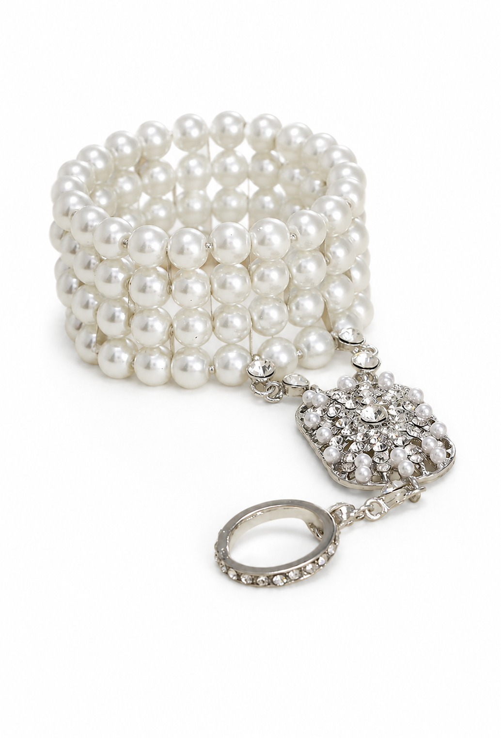Pearl beaded hand bracelet with crystal daisy charm and oval ring clasp