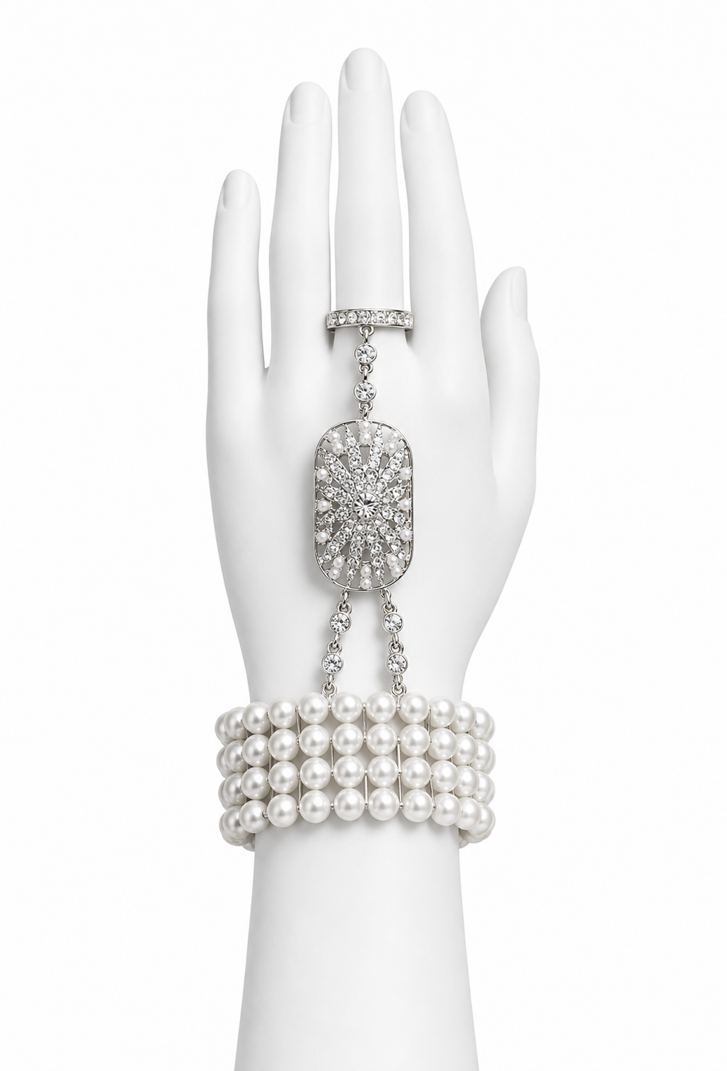 Pearl cuff hand bracelet with rectangular crystal drop charm and ring band