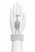 Pearl cuff hand bracelet with rectangular crystal drop charm and ring band