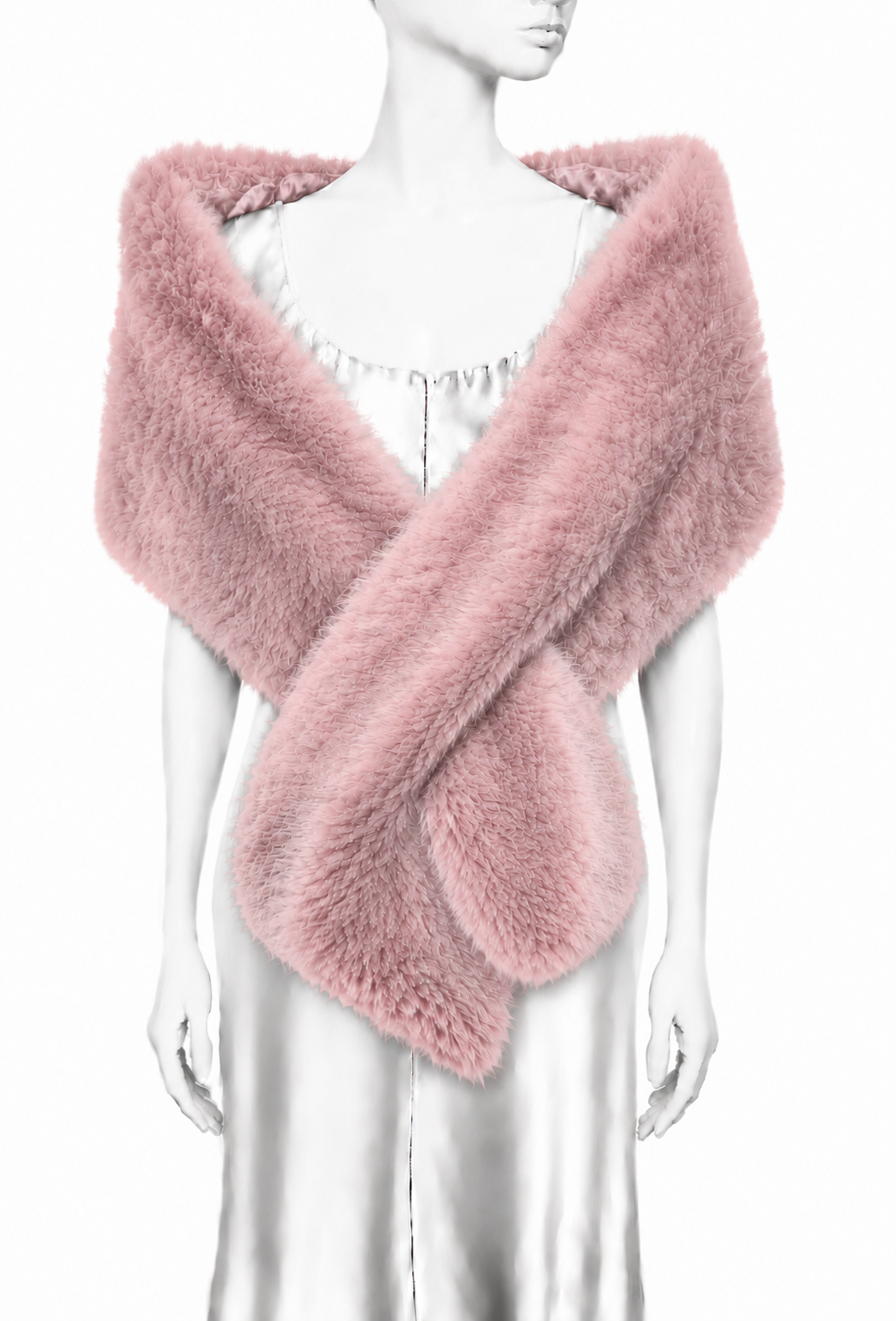 Pink faux fur stole wrap with crossover drape and soft shag texture