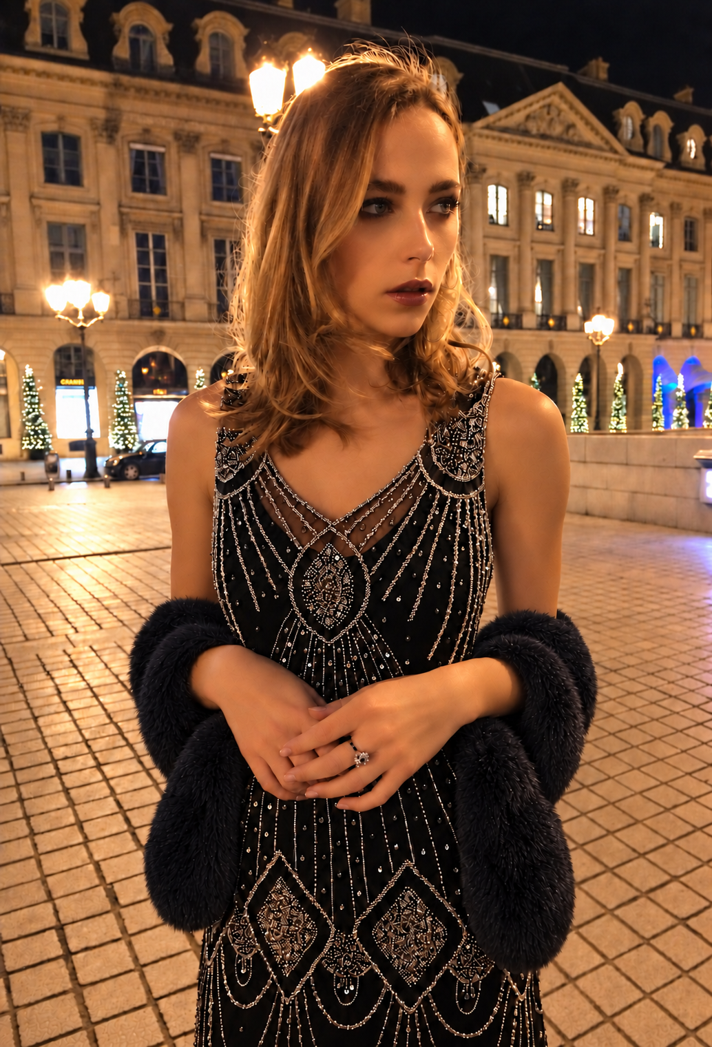 Noir faux fur keyhole stole worn with sparkly sleeveless dress, arm wraps