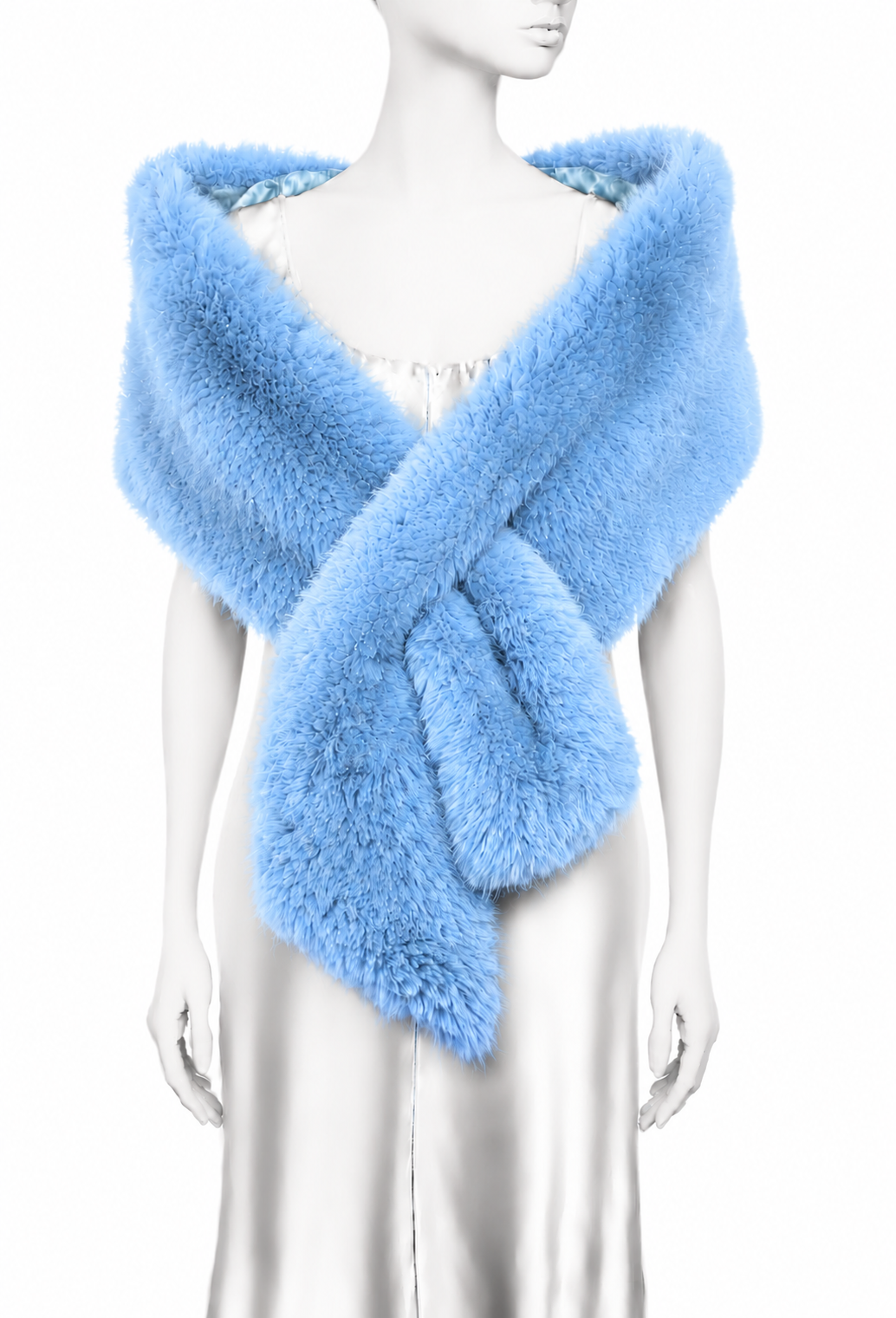 Dovima Delphinium stole, light blue fuzzy wrap with crossed front and V neckline.