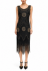 Black beaded sleeveless midi gown with scalloped neckline and fringe hem