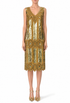 Sleeveless gold sequin V-neck midi gown with scalloped hem and decorative bands