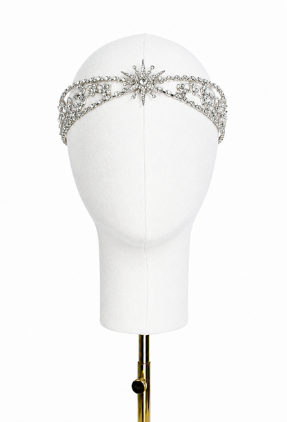 Palladium tiara with sparkling rhinestone crescent band and central star ornament