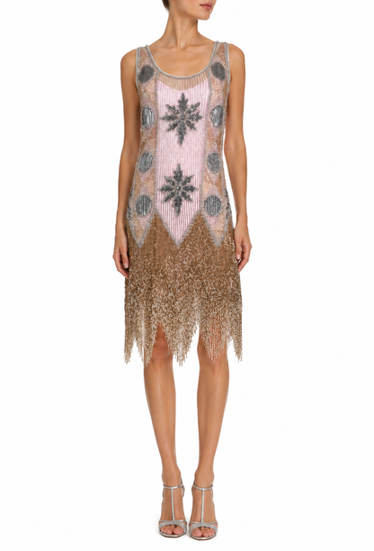 Sleeveless sequin gown in pink with bronze fringed hem and dark floral motifs