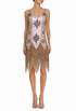 Sleeveless sequin gown in pink with bronze fringed hem and dark floral motifs