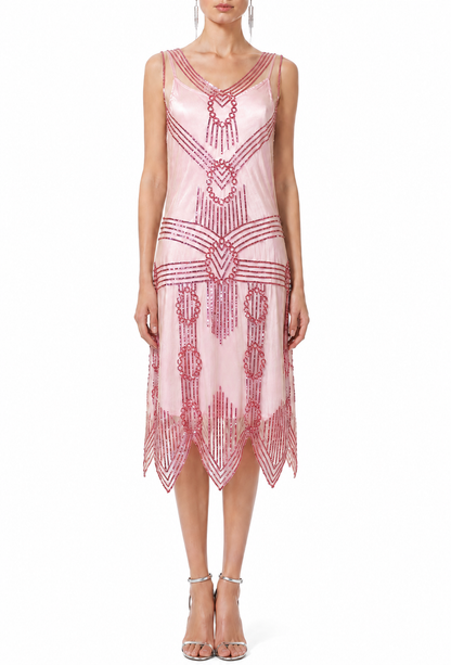 Model wearing a sleeveless pink midi dress with V-neck beaded embroidery and fringe hem