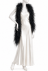 Black ostrich feather boa with long fluffy fringe, worn over a satin slip dress