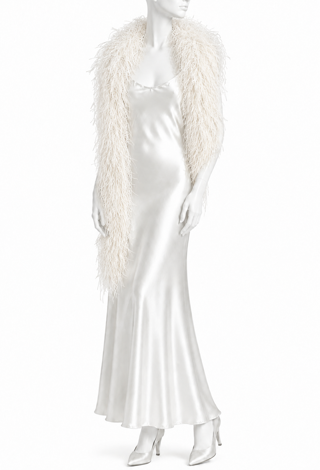 Ivory ostrich-feather boa with long fringe, draped over a mannequin shoulders